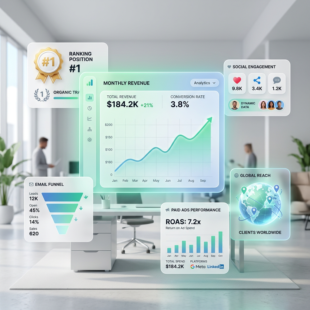 Digital marketing dashboard showing analytics, SEO rankings, social engagement and ad performance